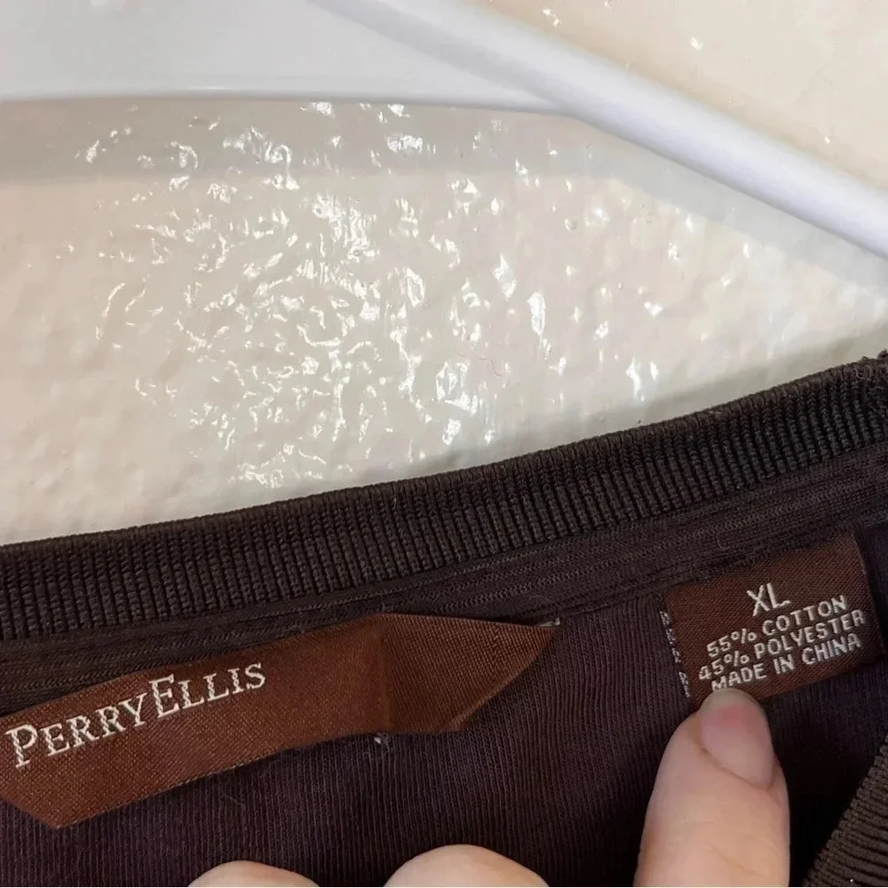 PERRY ELLIS Polyester Ribbed Brown Men’s Shirt - Picture 3 of 4